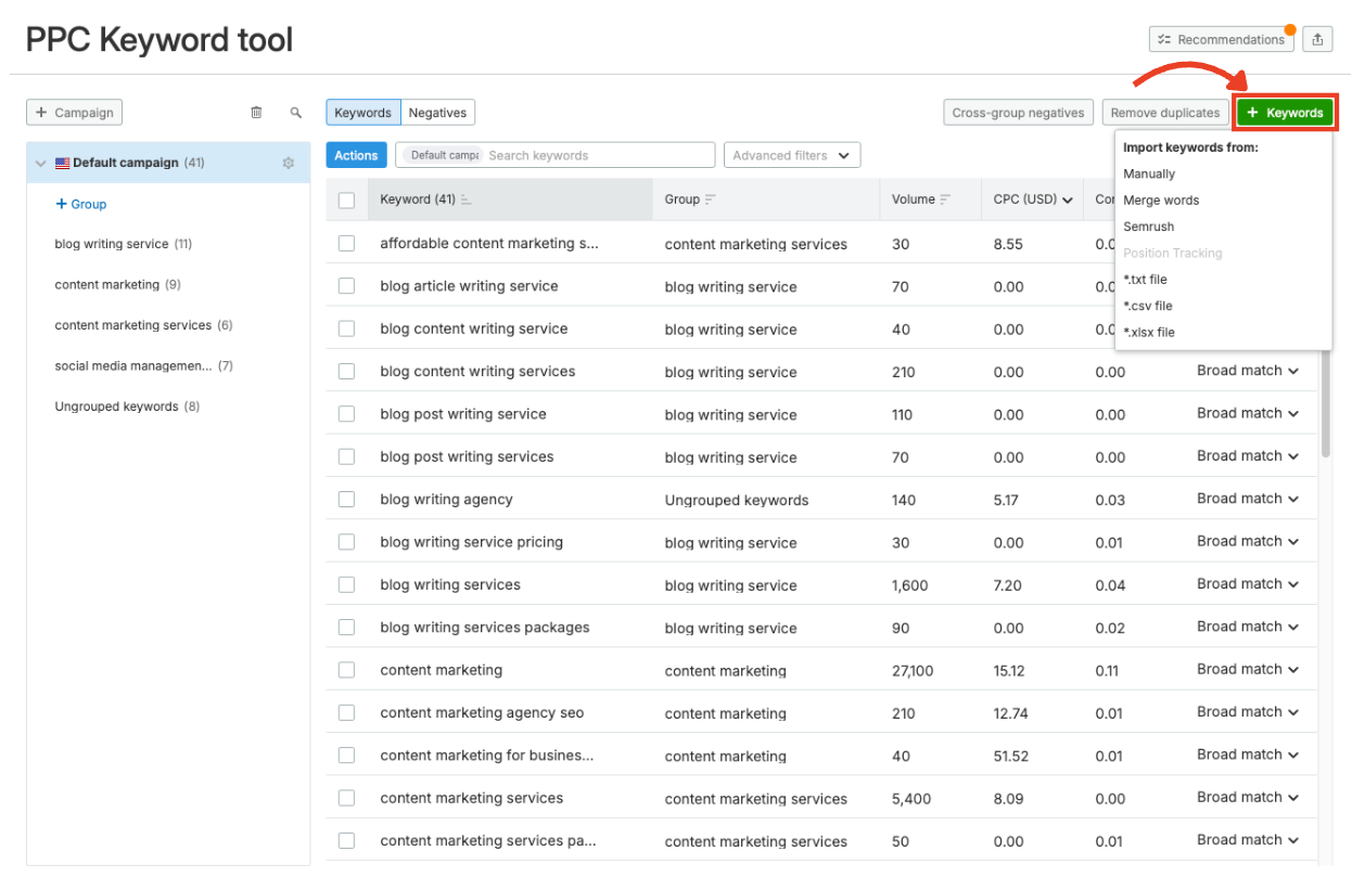 The keyword import window in the PPC Keyword Tool.