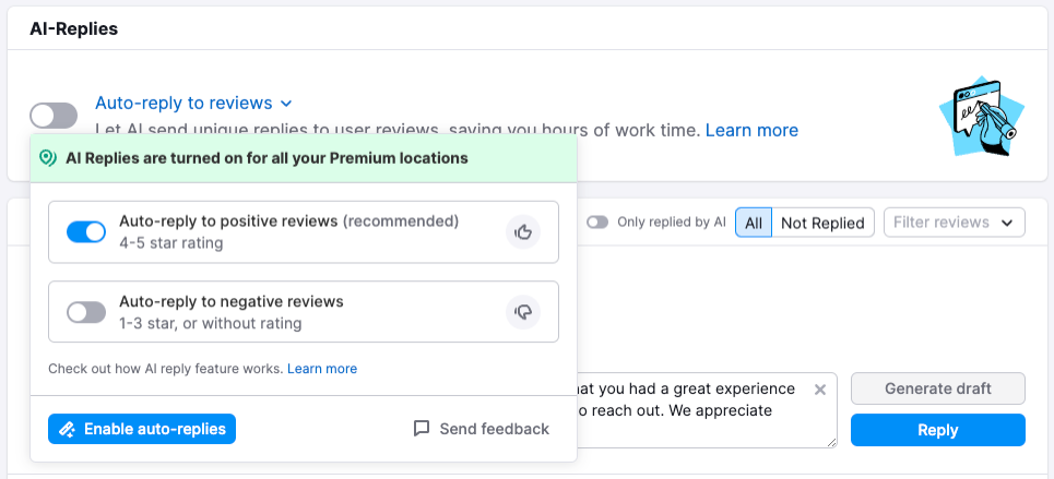 A pop-up with the options to enable auto-replies to positive and negative reviews.