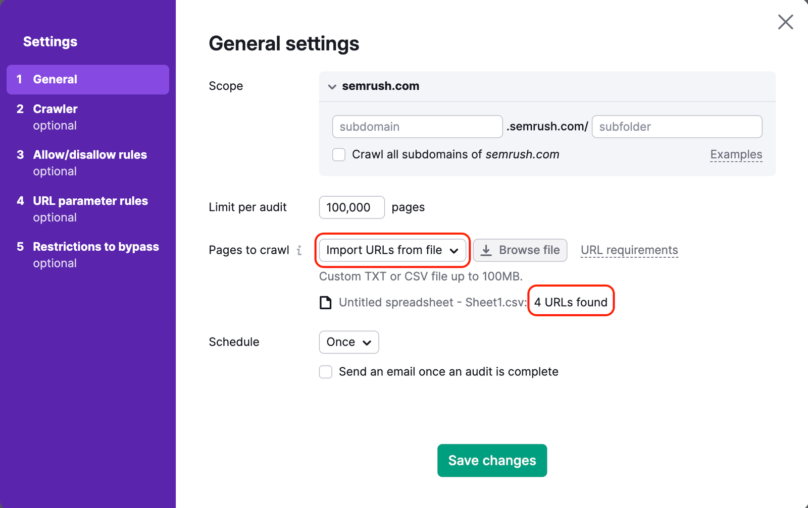 Site Audit settings window with URLs from file selected and highlighted under Pages to crawl. The number of identified URLs from the file is also highlighted.