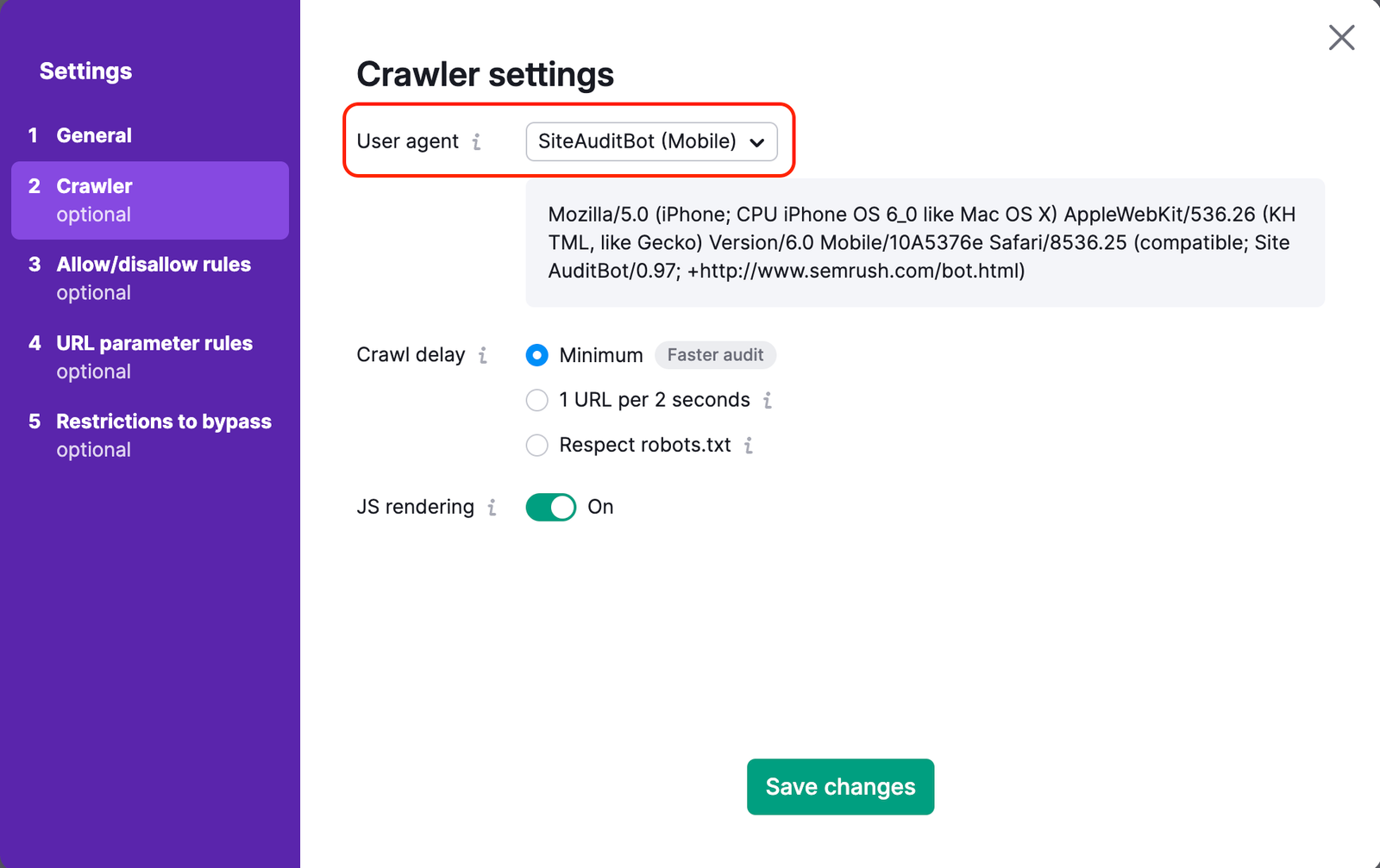 Site Audit settings menu with the second tab, Crawler, open. The User agent section is highlighted, showing SiteAuditBot-Mobile selected as the active option.