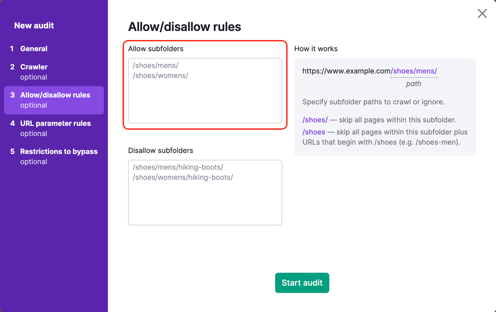 Allow/Disallow URLs step in the Site Audit settings. Two input fields are shown for allow and disallow masks, each accompanied by examples.