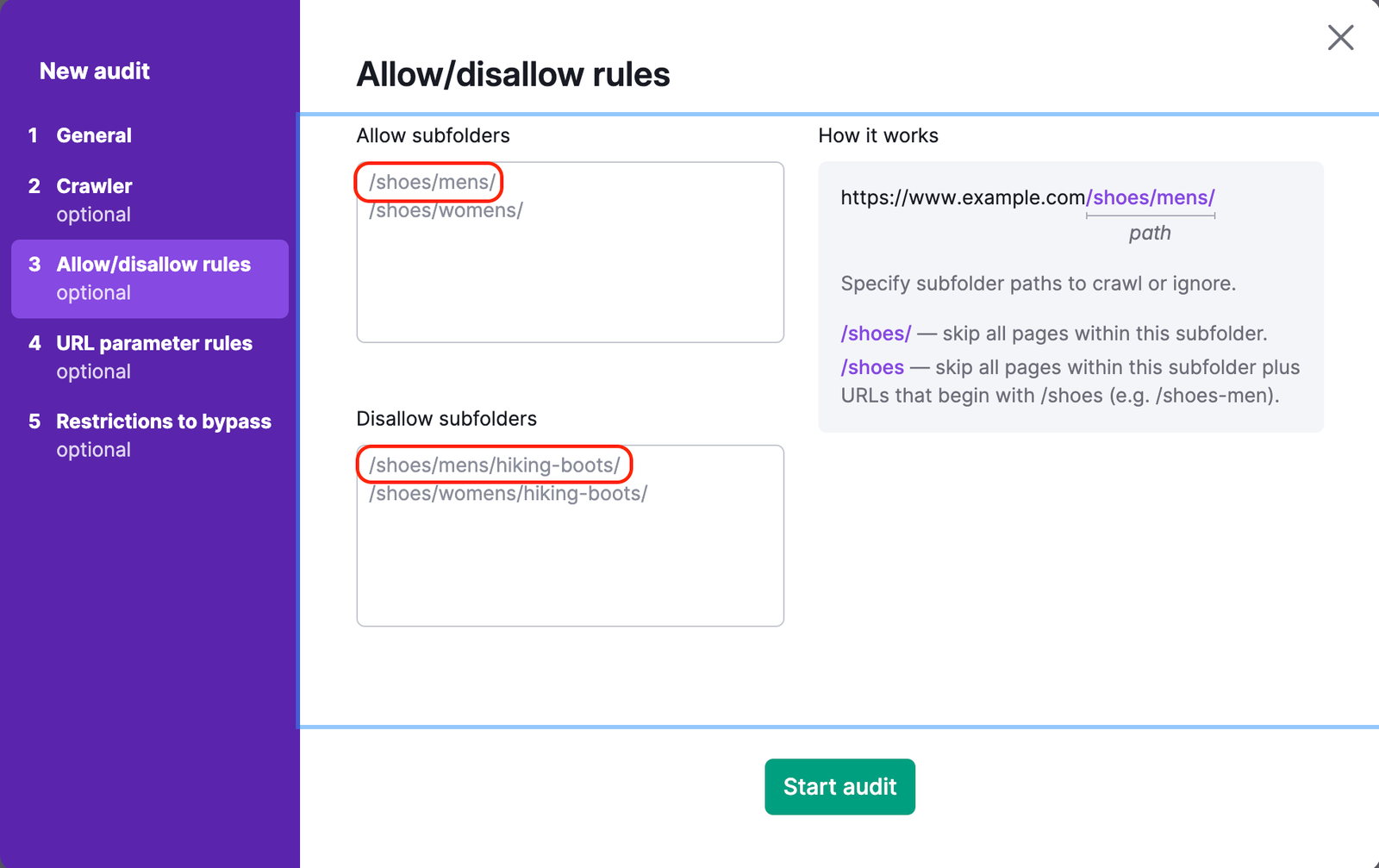 Example demonstrating how to refine allow/disallow mask settings. The allow field highlights the /shoes/mens/ path, while the disallow field highlights the /shoes/mens/hiking-boots subfolder, showing that specific subfolders can be excluded even when broader paths are allowed.