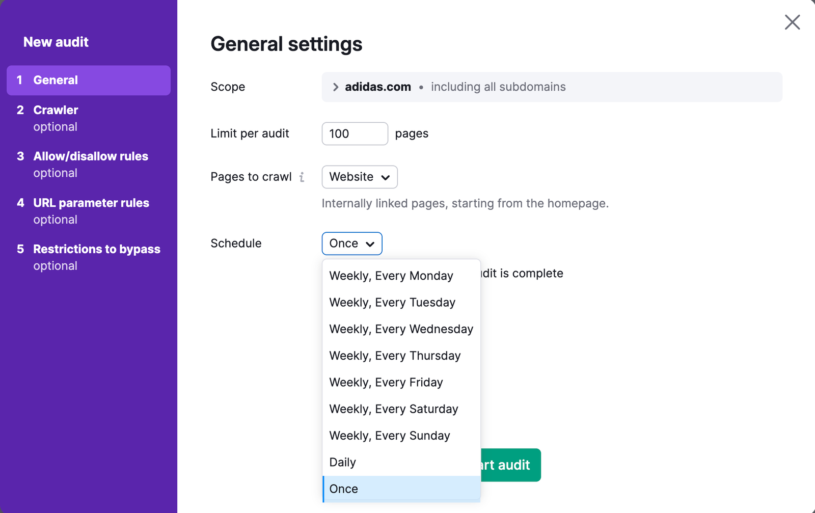 An example of schedule options. A dropdown menu is opened, demonstrating weekly option for each day of the week, daily, and one-time crawl option.