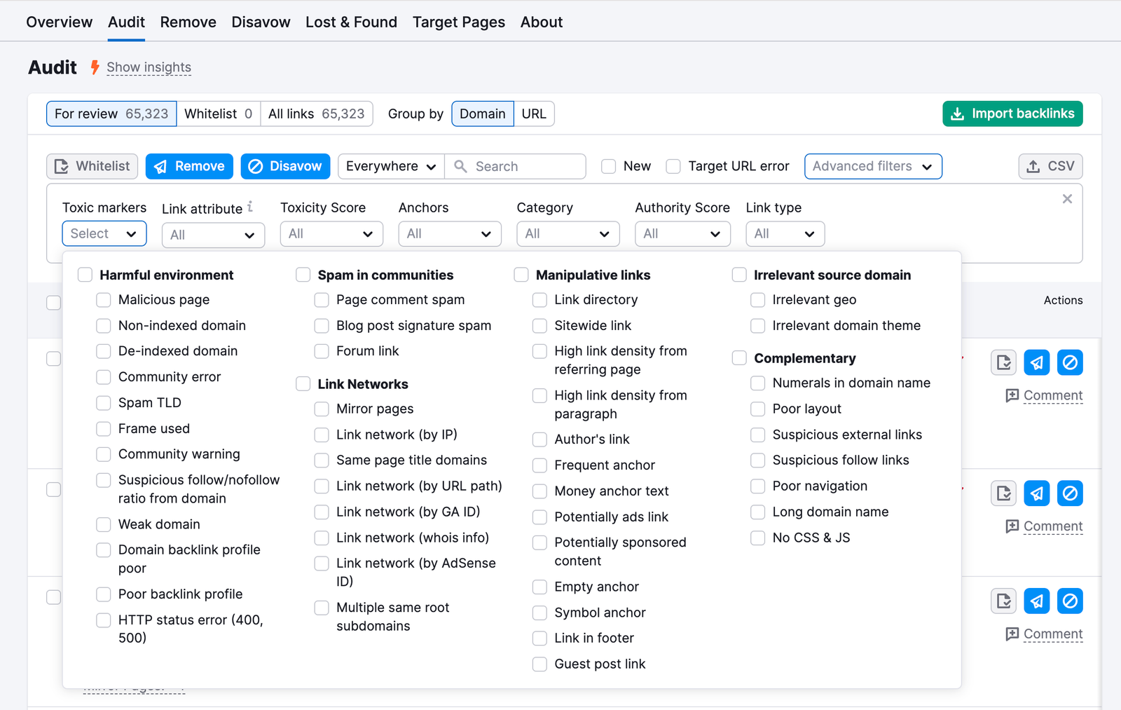 Backlink Audit interface showing the toxic markers filter open, with a dropdown menu containing checkbox options grouped by marker type.