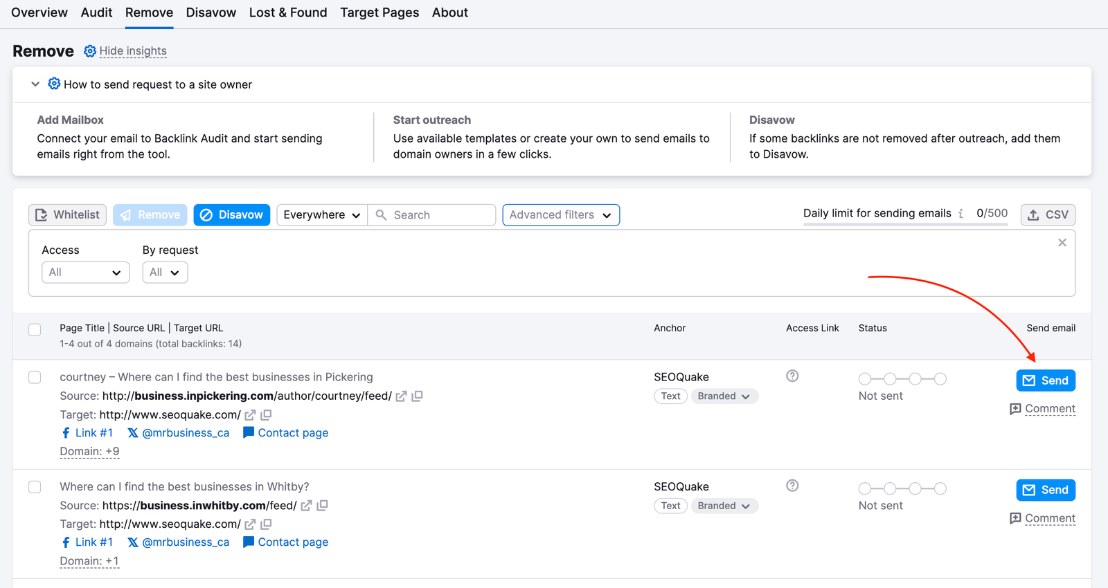 The Remove report in Backlink Audit: a red arrow is pointing to the Send button.