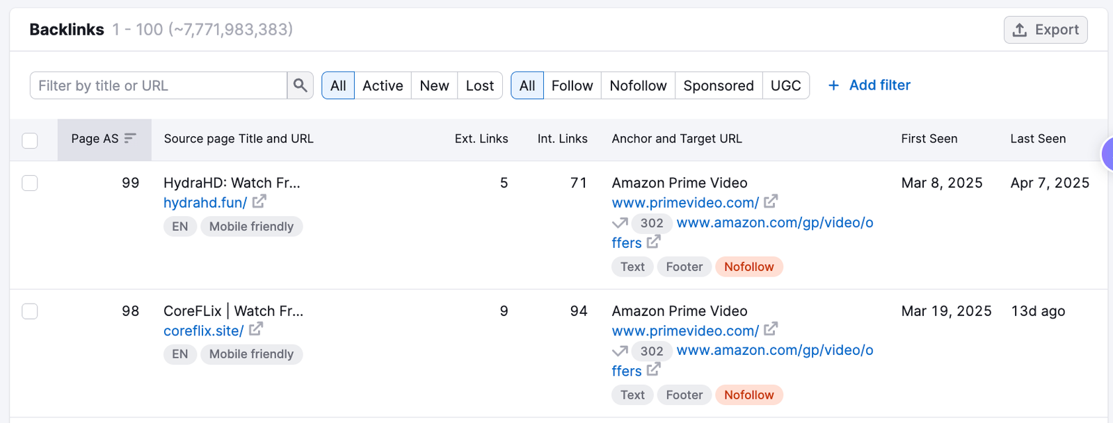 An example of the Backlinks table.