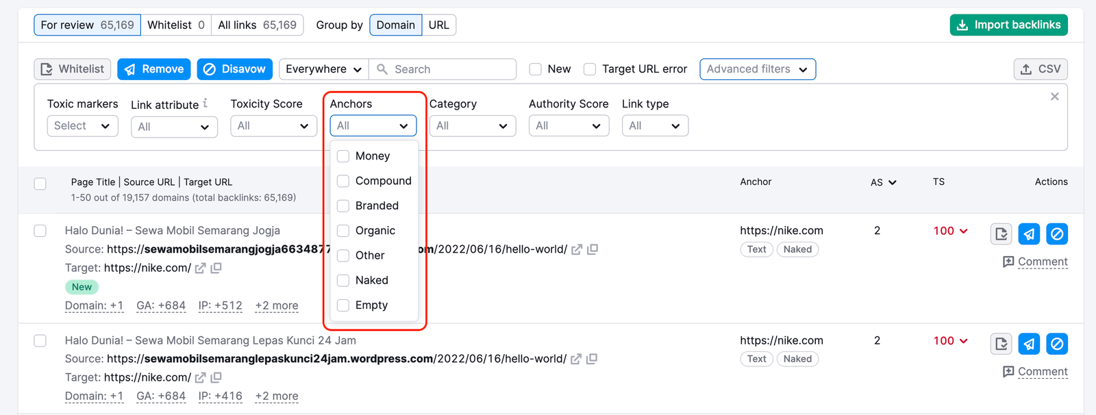Anchors filter expanded, displaying a highlighted dropdown list of options.