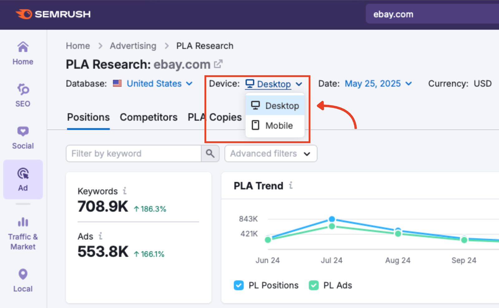 The device menu in PLA Research.
