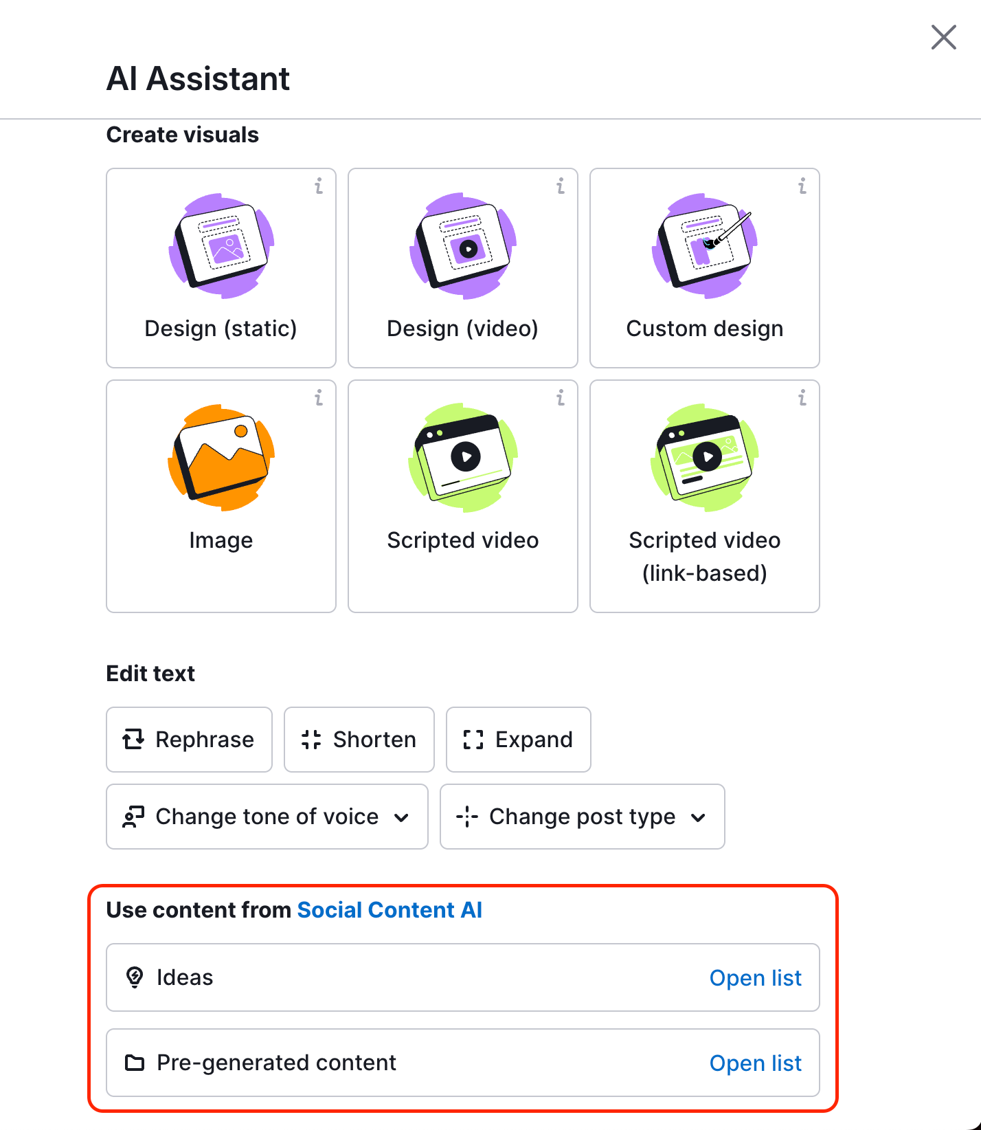 The AI Assistant right-hand menu open, featuring the highlighted Social Content AI section.