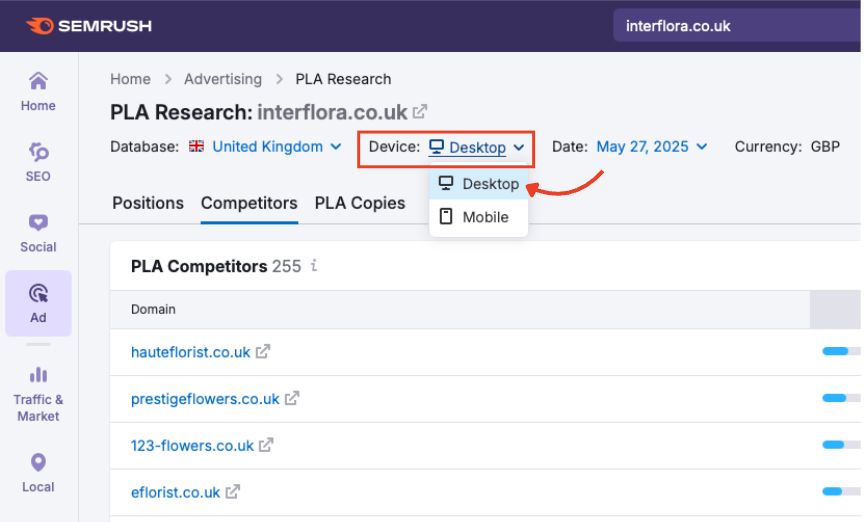 The device menu in PLA Research.