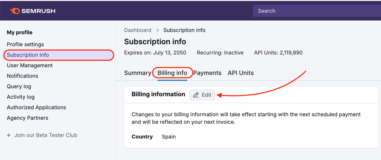 An example of the Subscription Info with Billing Info tab open.