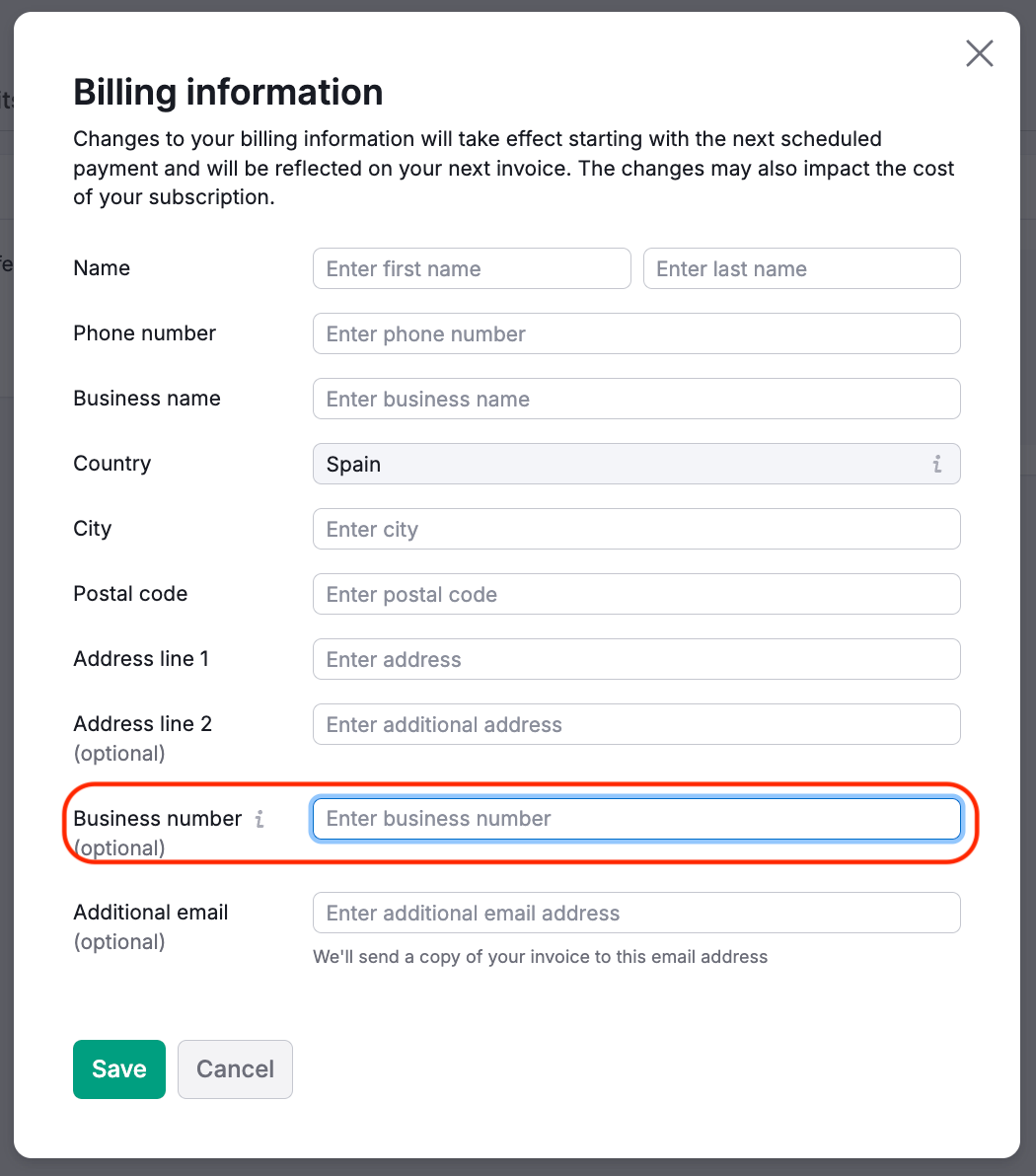 Billing Information window open, with the Business Number field highlighted.