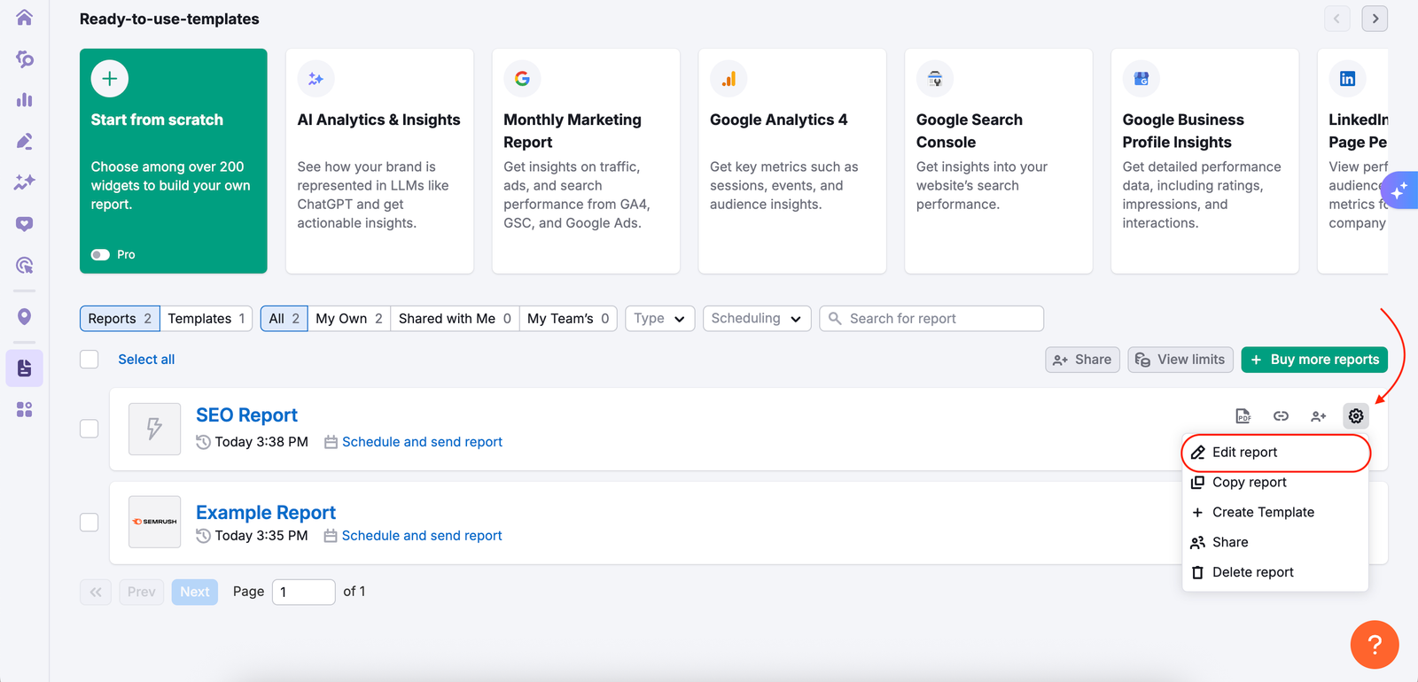 My Reports main page with settings menu opened via the gear button on the right side. Among the list of available options, the Edit report is highlighted.