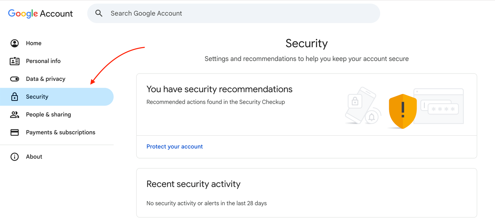 Google Account interface displaying the Security tab.