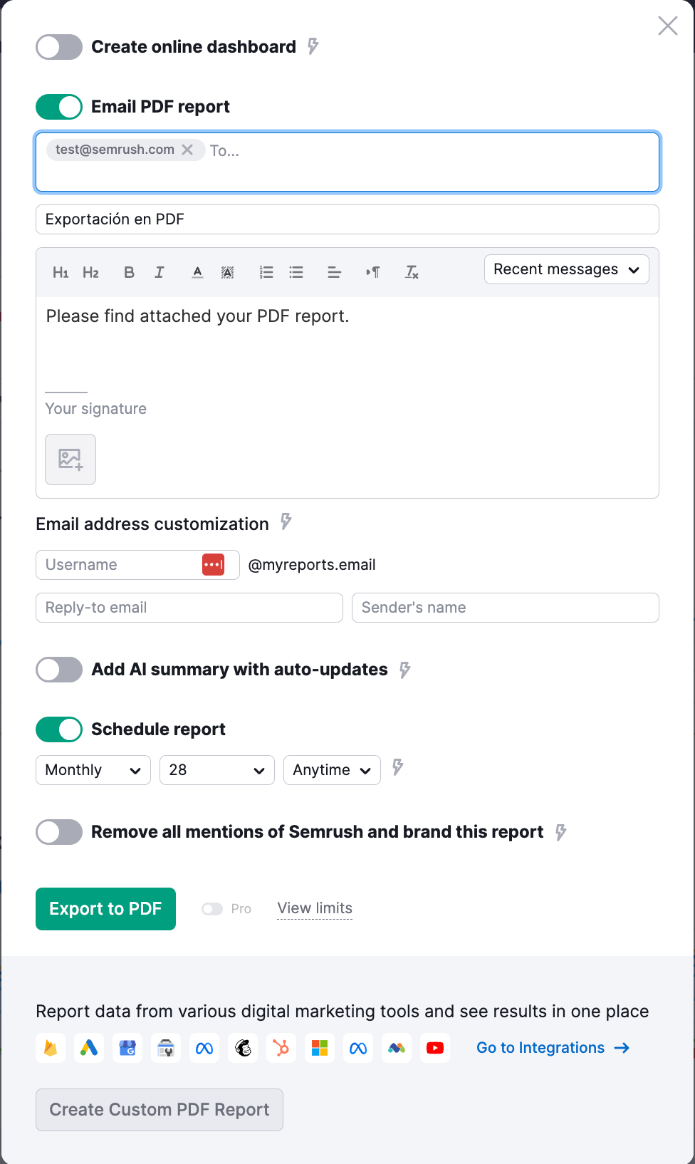 Export to PDF settings wizard.