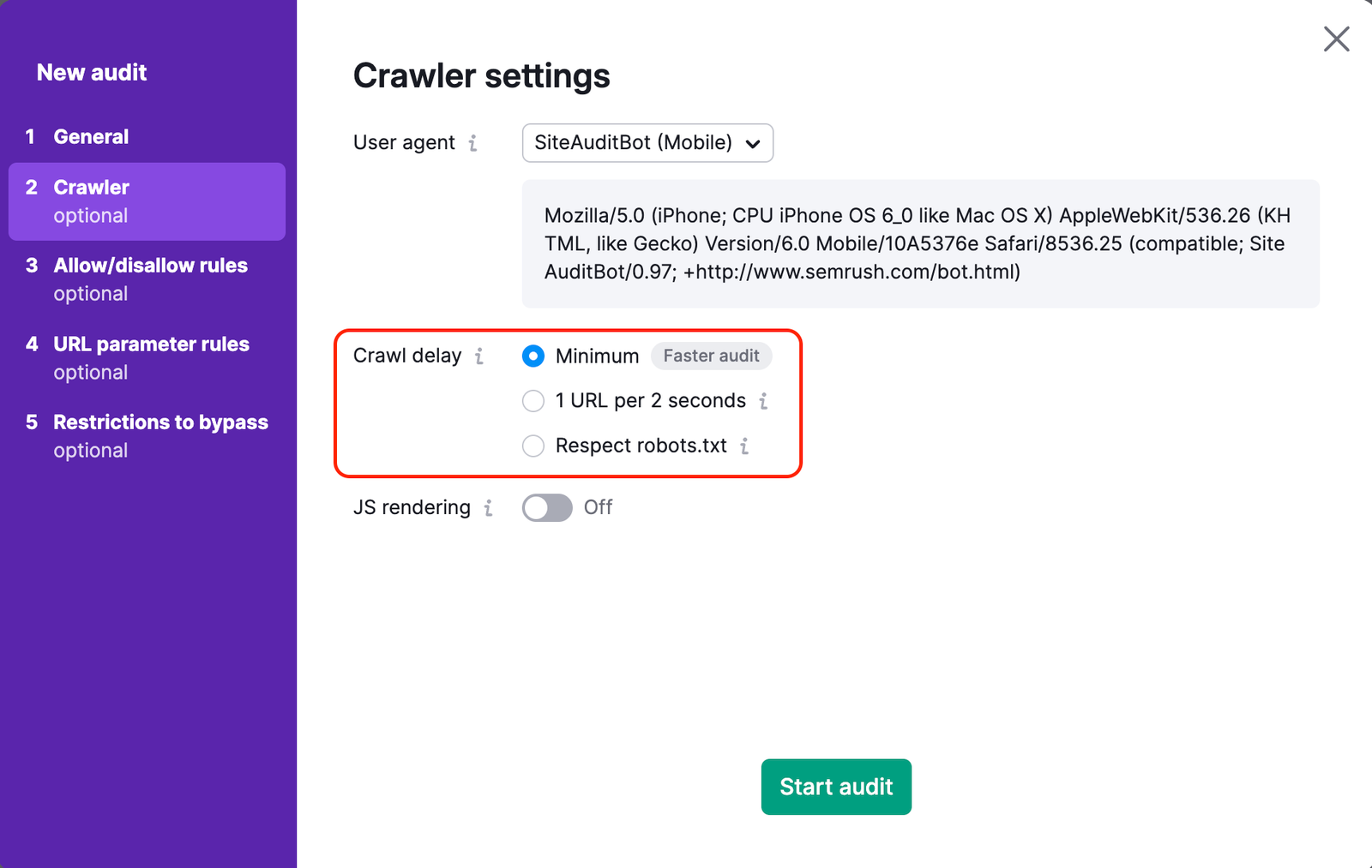 Site Audit crawler settings wizard with the Crawl delay section highlighted.