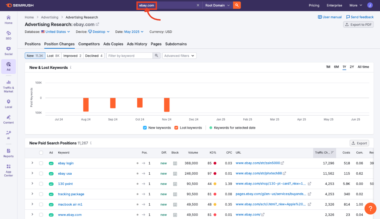 Search bar in Advertising Research with a competitor domain entered.
