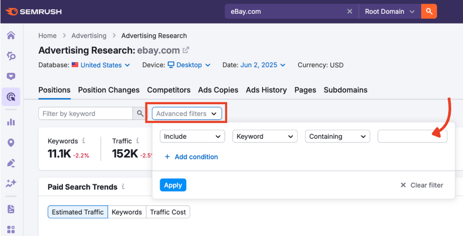 The Advertising Research report with the advanced filters menu expanded.