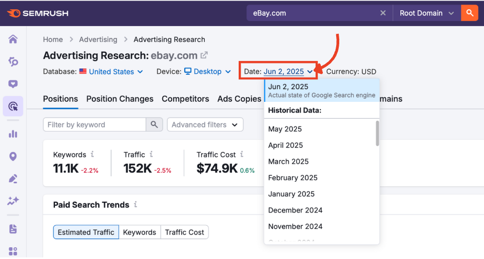 The date selector in Advertising Research with historical ranges visible.