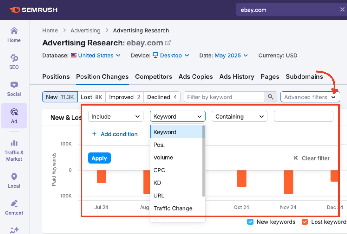 Advanced filters in Advertising Research Position Changes.