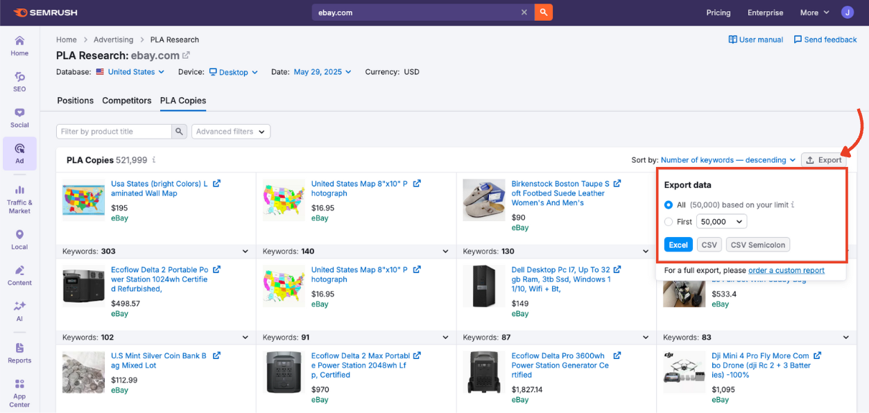 Export data options in the PLA Copies tab.
