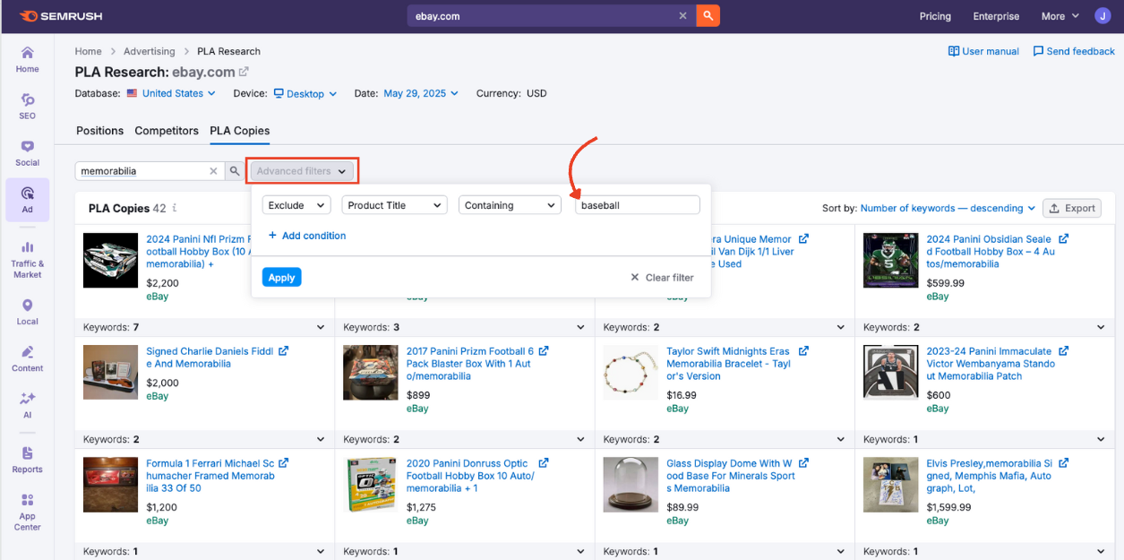Advanced filters menu open, excluding product titles containing the word baseball.
