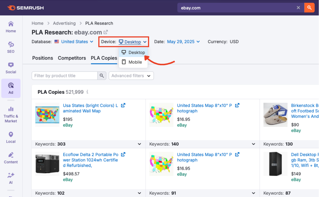 Device setting dropdown in the PLA Copies tab with Desktop selected.