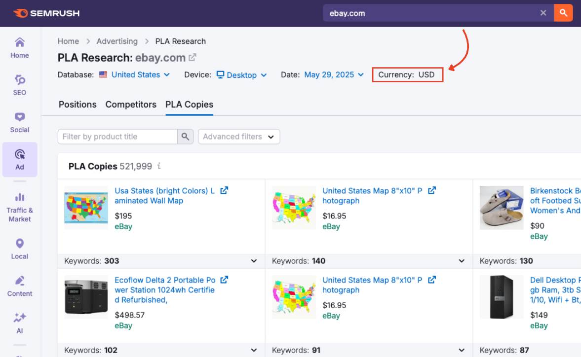 Currency display in the PLA Copies interface, currently set to USD.