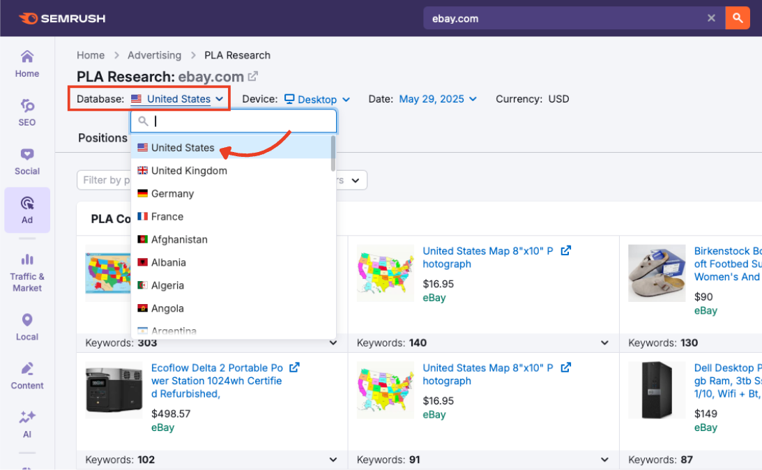 Database dropdown showing country options in the PLA Copies interface.