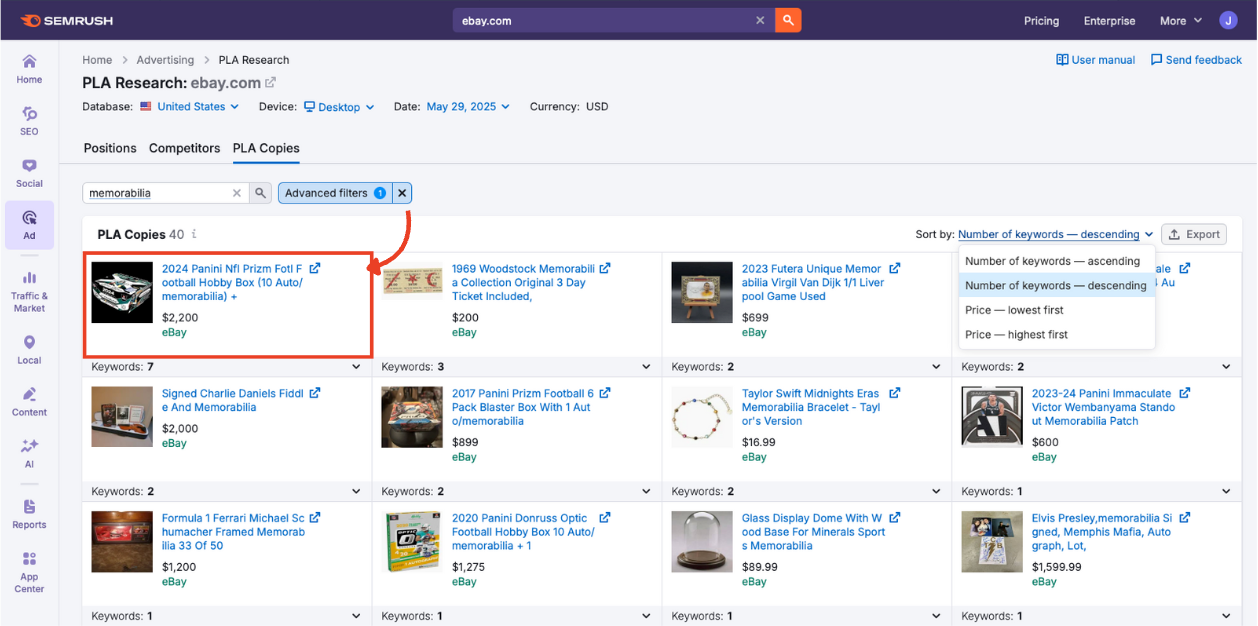 Highlighted PLA tile with product details and number of keyword matches displayed.