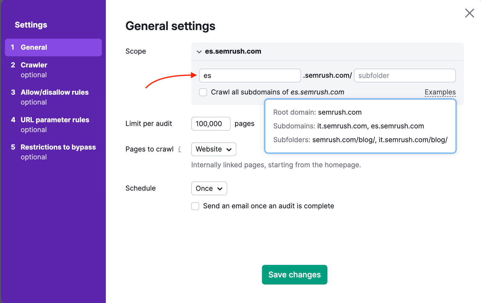 Denomination of how to audit a subdomain of your site within the settings window. 