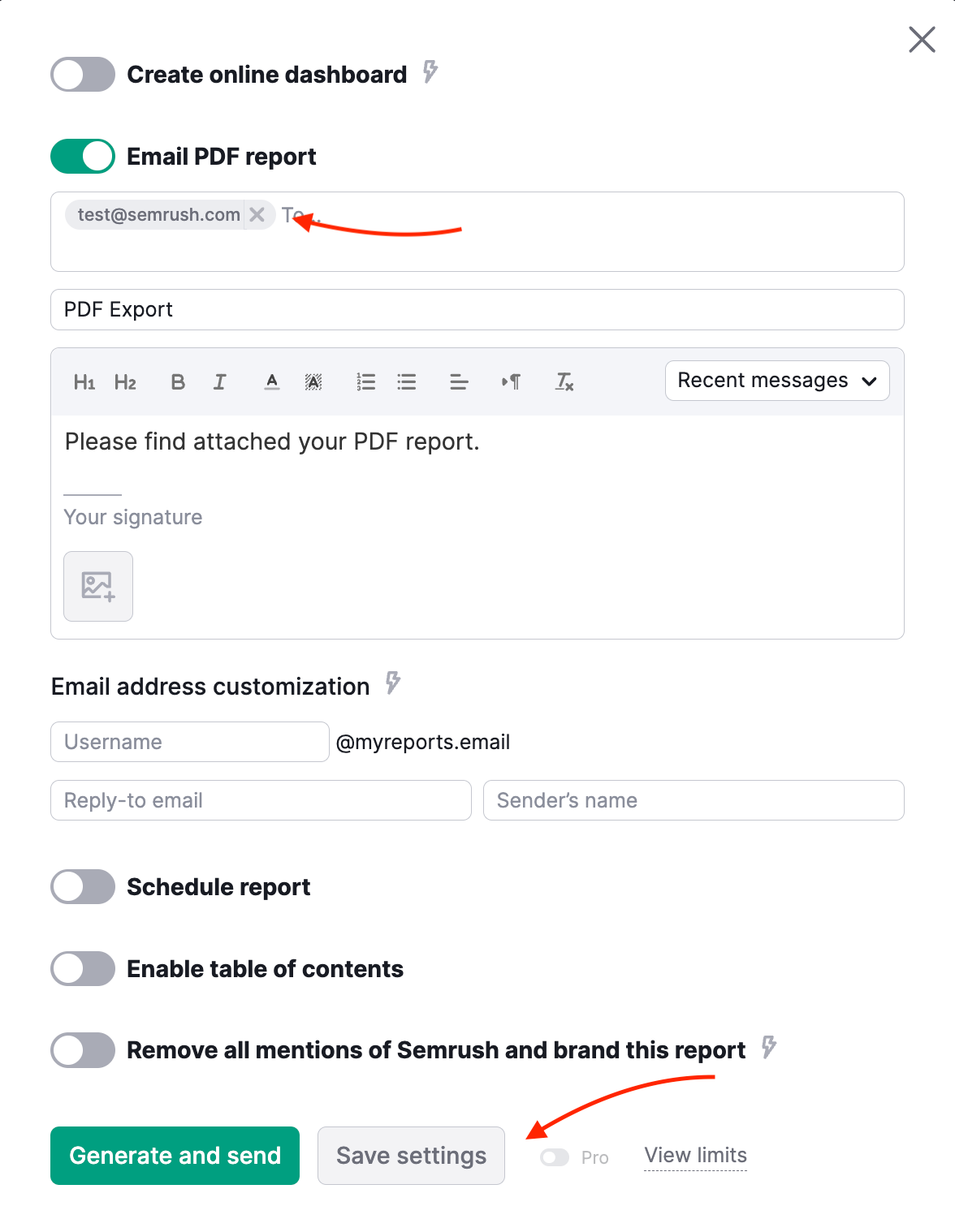 Adding email and saving settings for a PDF report.
