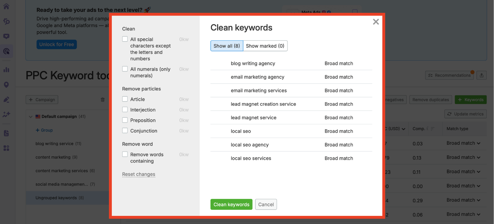 Clean keywords pop-up with filtering options for articles, prepositions, and special characters.