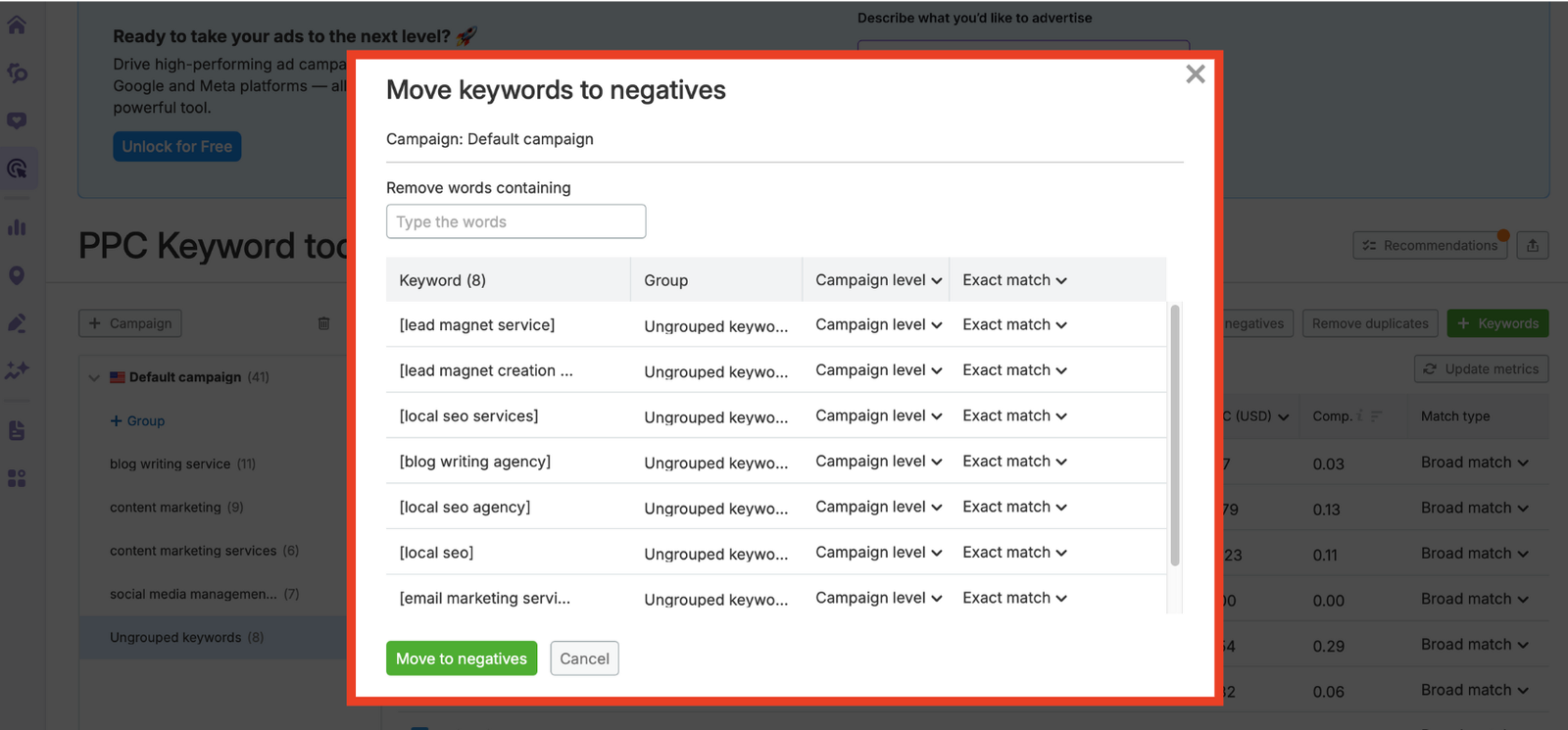 Move to negatives pop-up showing selected keywords, grouping level, and match type options.