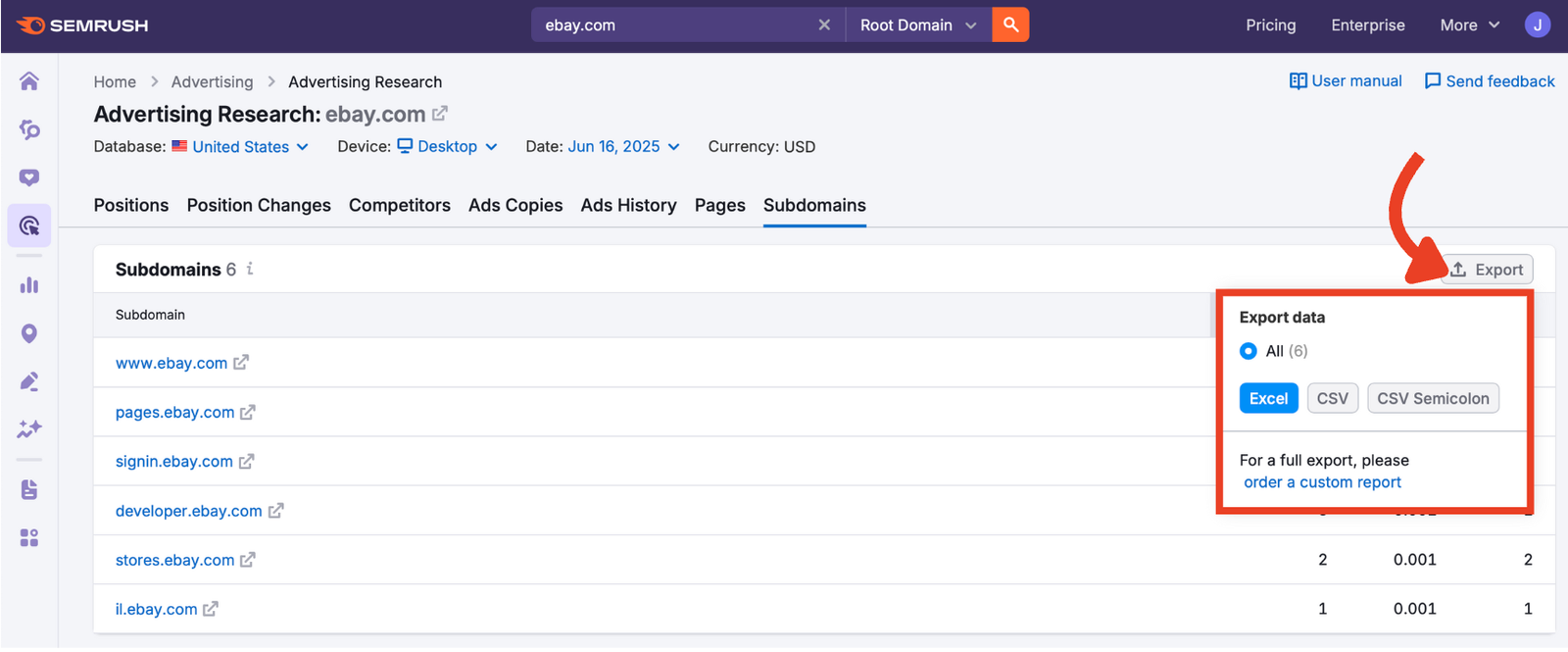 Export button in the Subdomains report with file format options.
