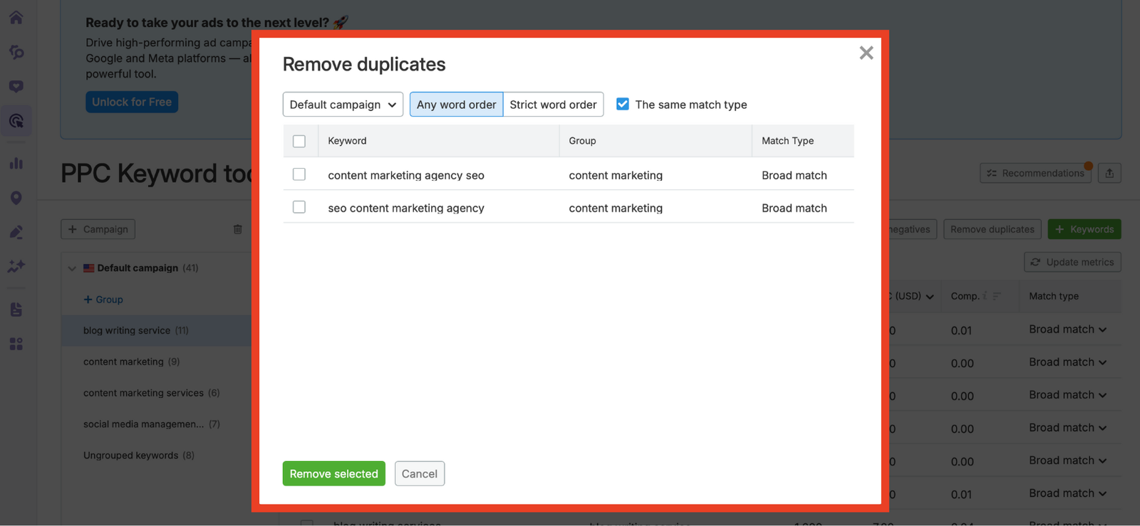 A list of keyword considered to be duplicates.