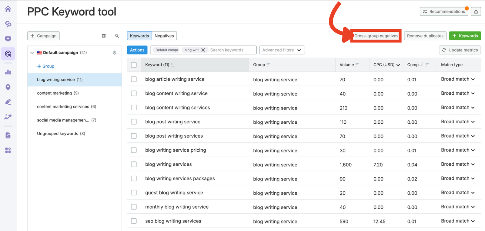 The Cross-group negatives button in the PPC Keyword Tool.