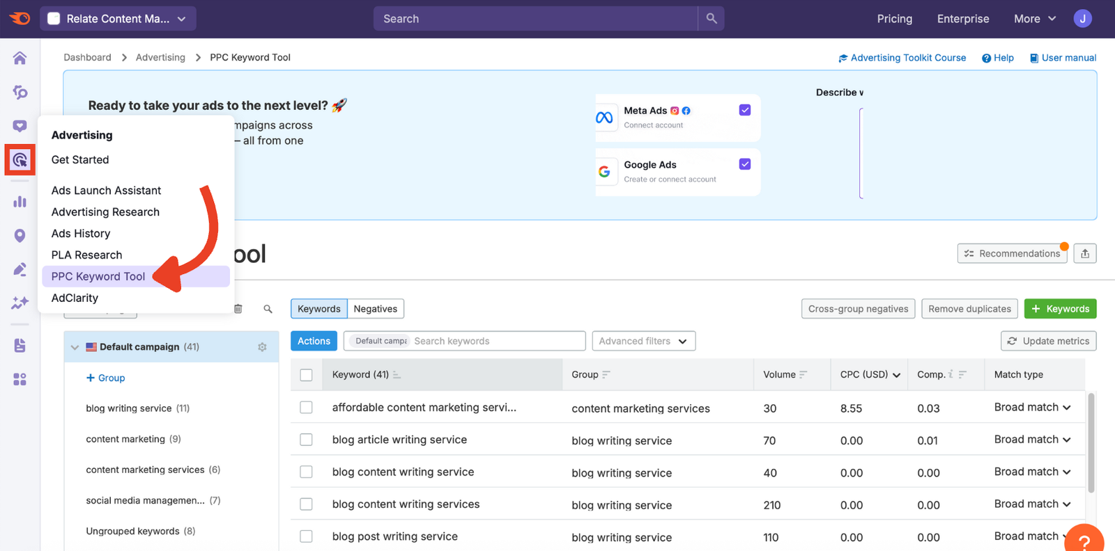 Where to access the PPC Keyword Tool from the Semrush sidebar.