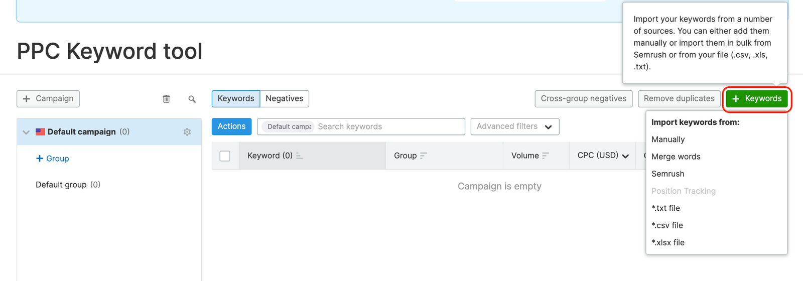 Keyword wizard button in the PPC Keyword Tool interface.