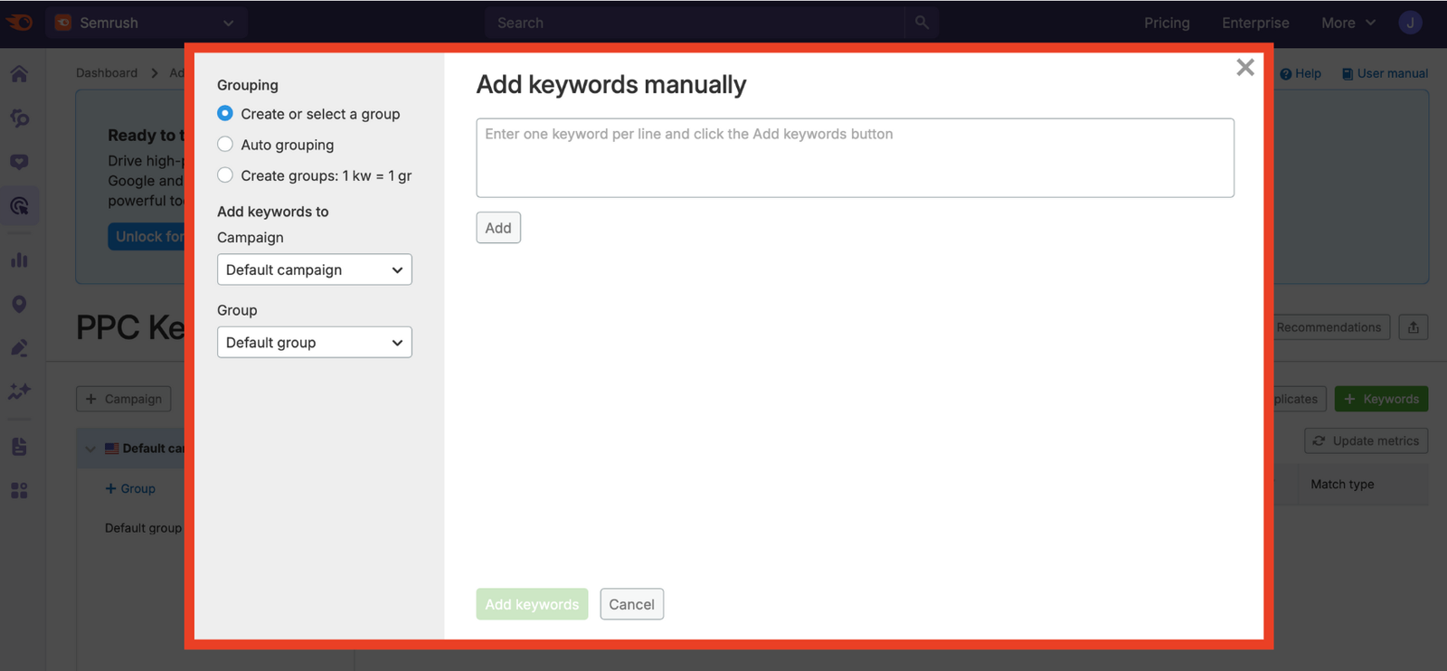 Manually adding keywords into the PPC Keyword Tool.