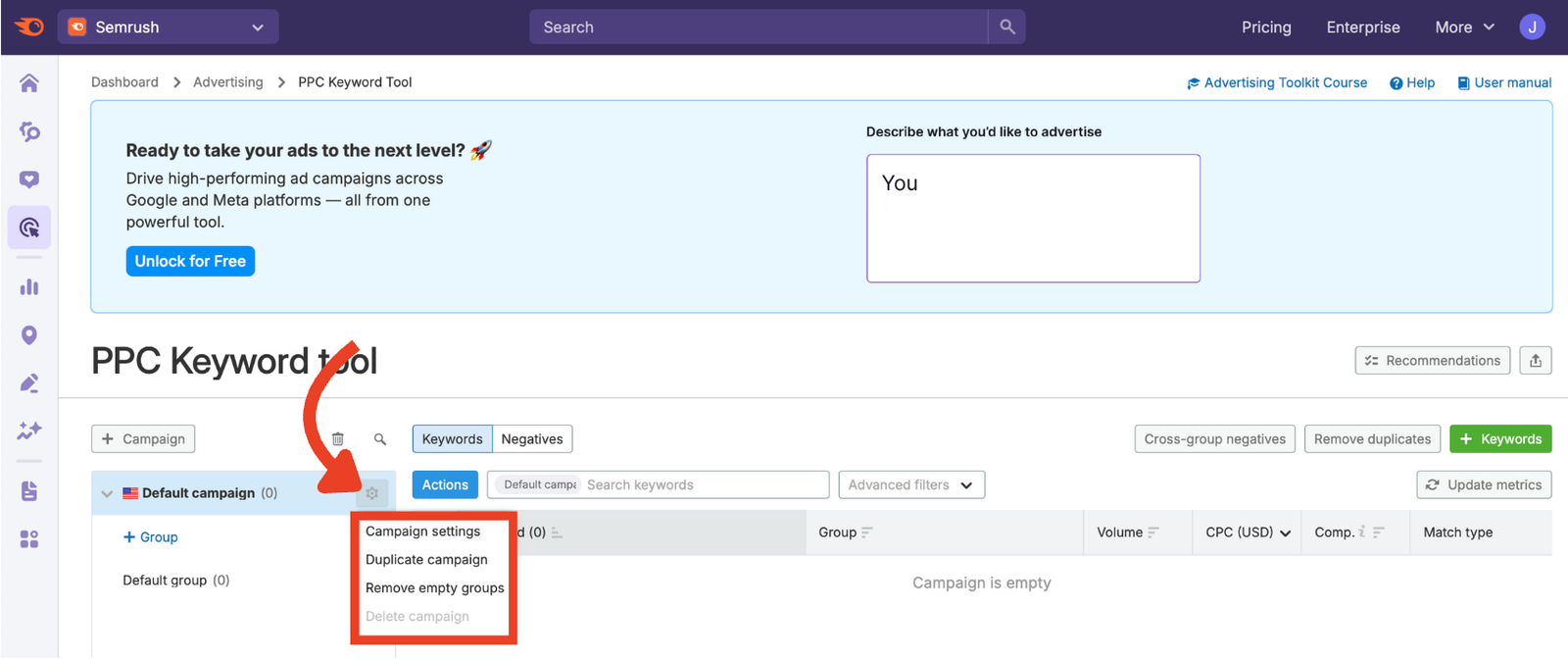 The campaign-level settings in the PPC Keyword Tool.
