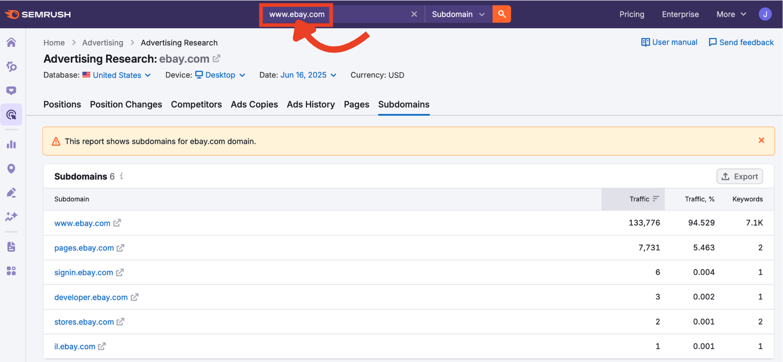Search bar in Advertising Research with ebay.com entered.