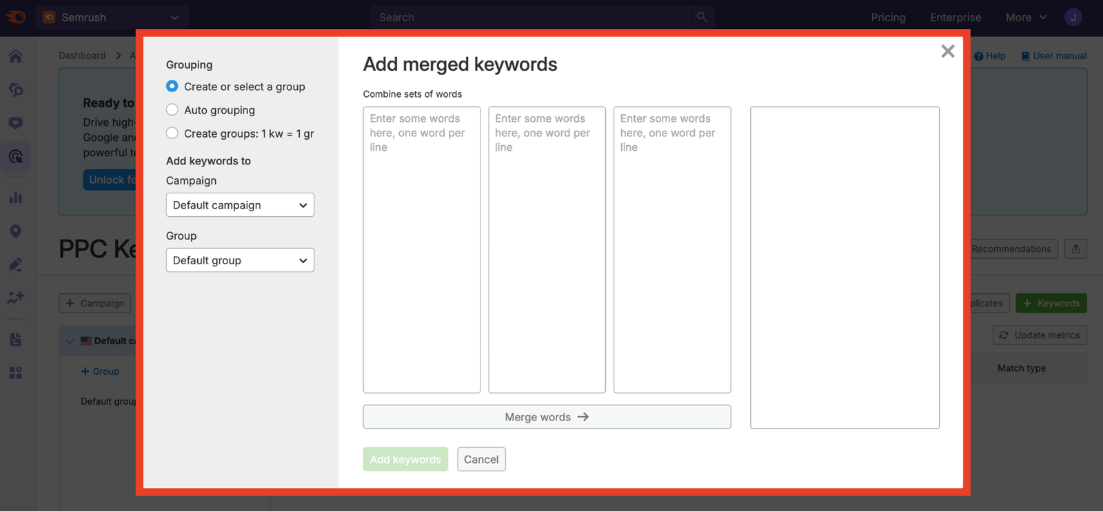 The screen to generate long-tail keywords from merged lists.