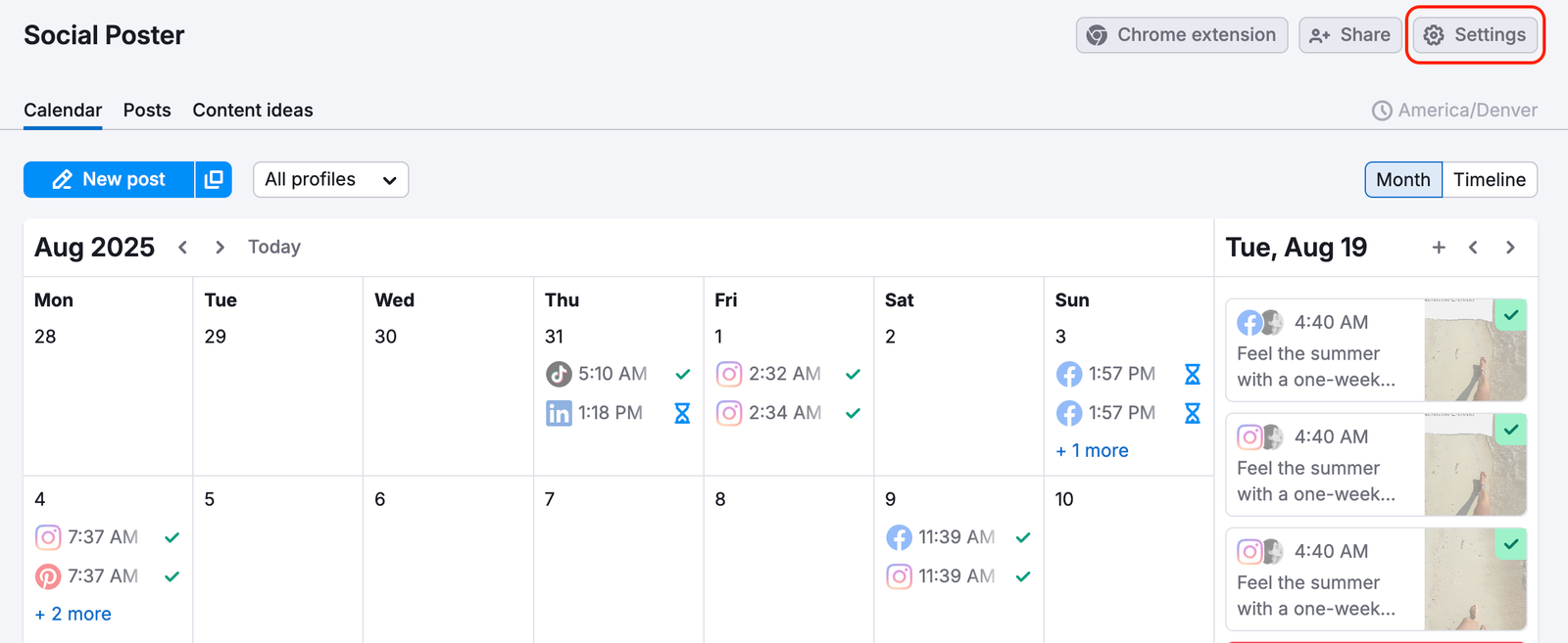 Calendar tab in Social Poster. In the top right corner, the Settings buttons is highlighted.