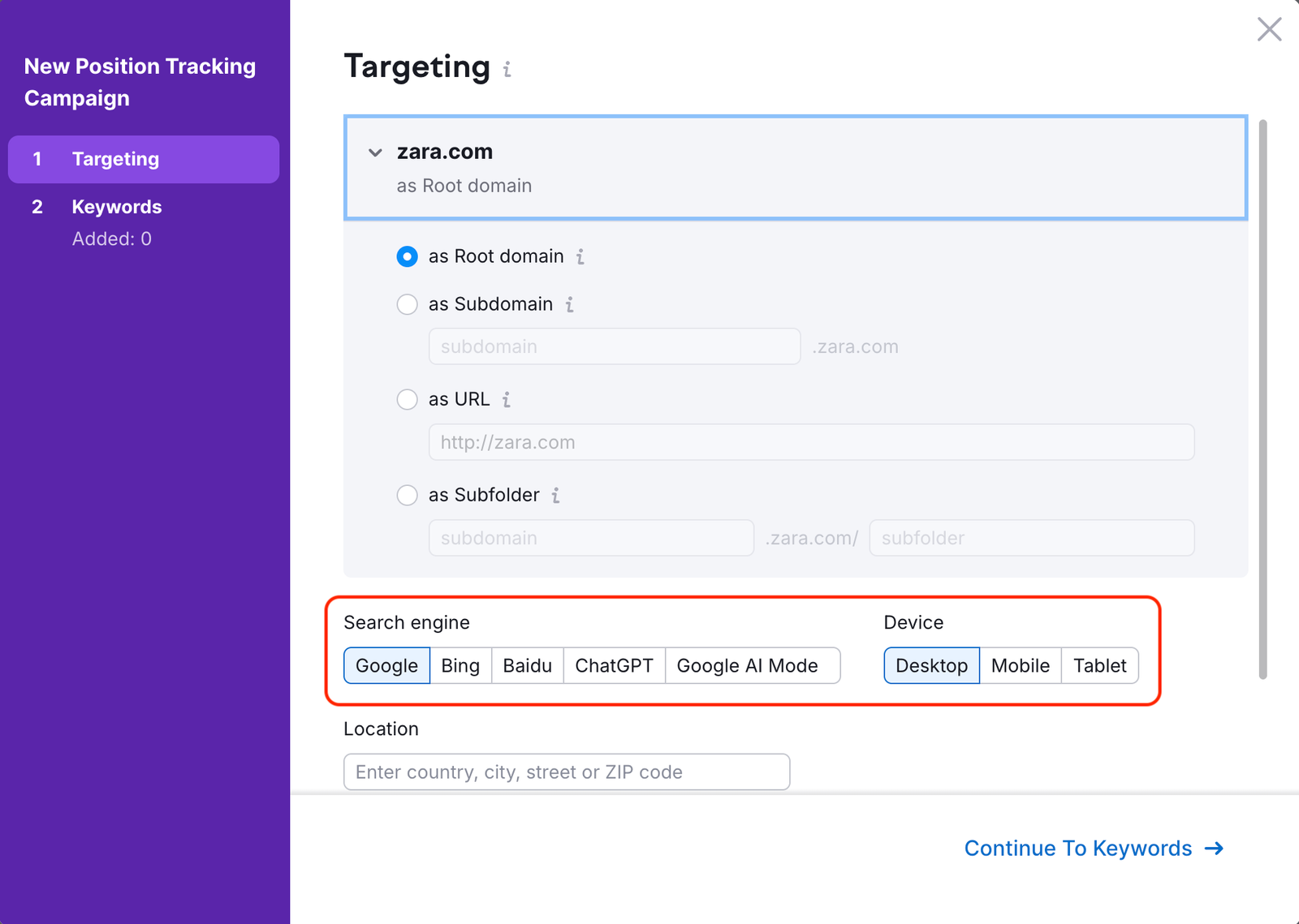 Position Tracking configuration window – Targeting. A red rectangle is highlighting the Search engine and Device buttons.