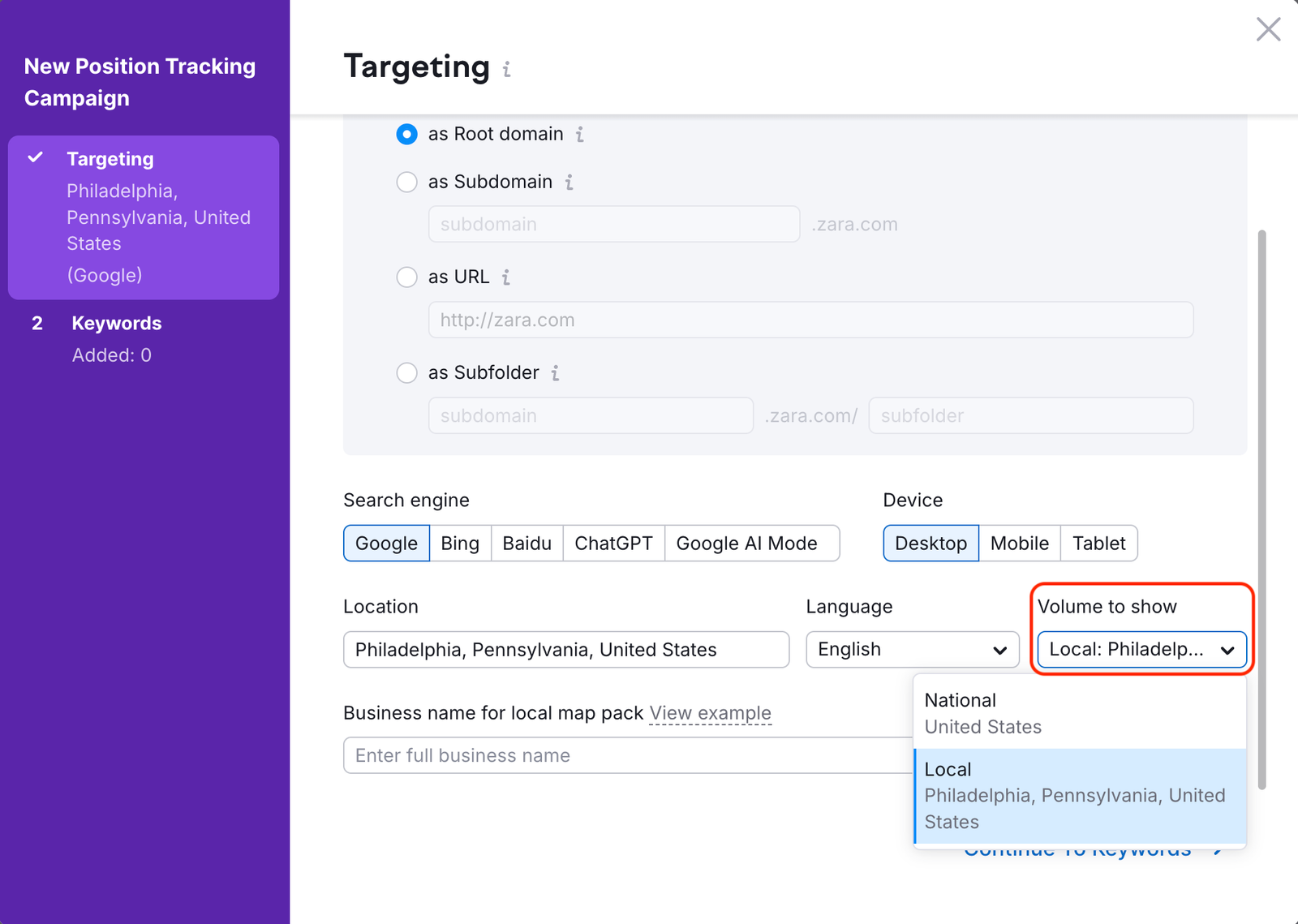 Position Tracking configuration window – Targeting. An example how to select a location and volume (national or local).