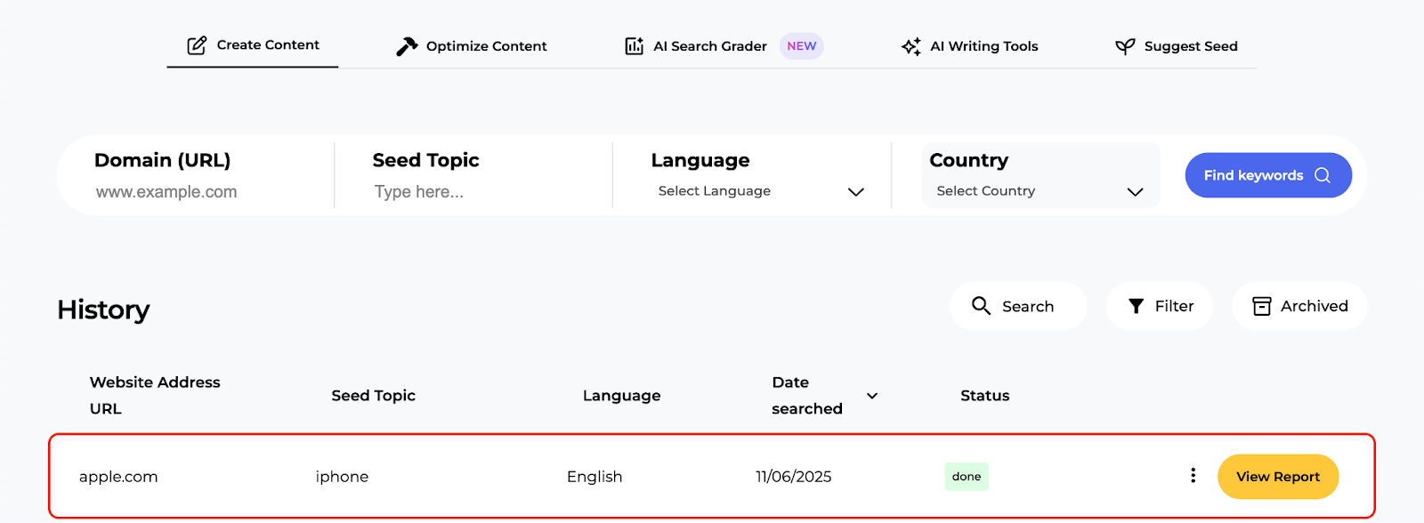 An example of the previously run analysis and its current status in the SERP Gap Analyzer.