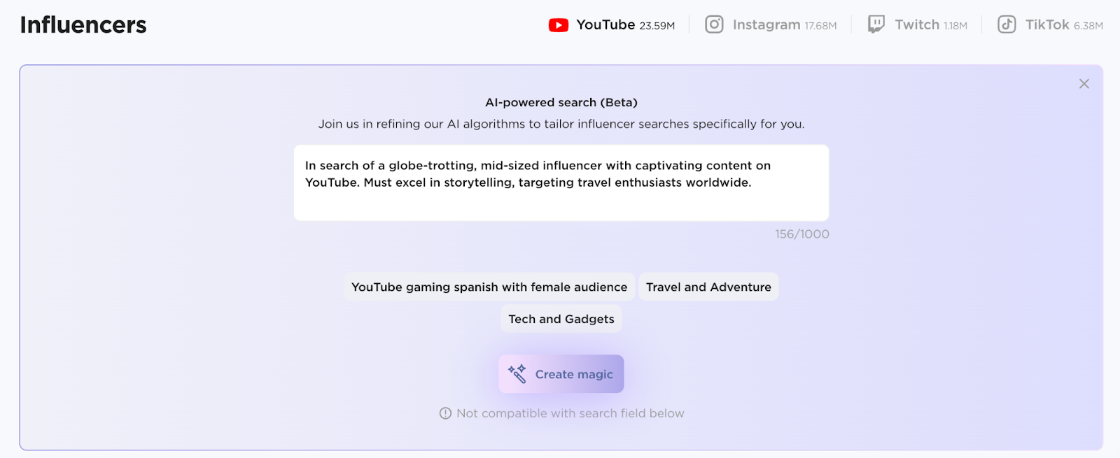 An example of the AI-Powered search prompt in the input field.