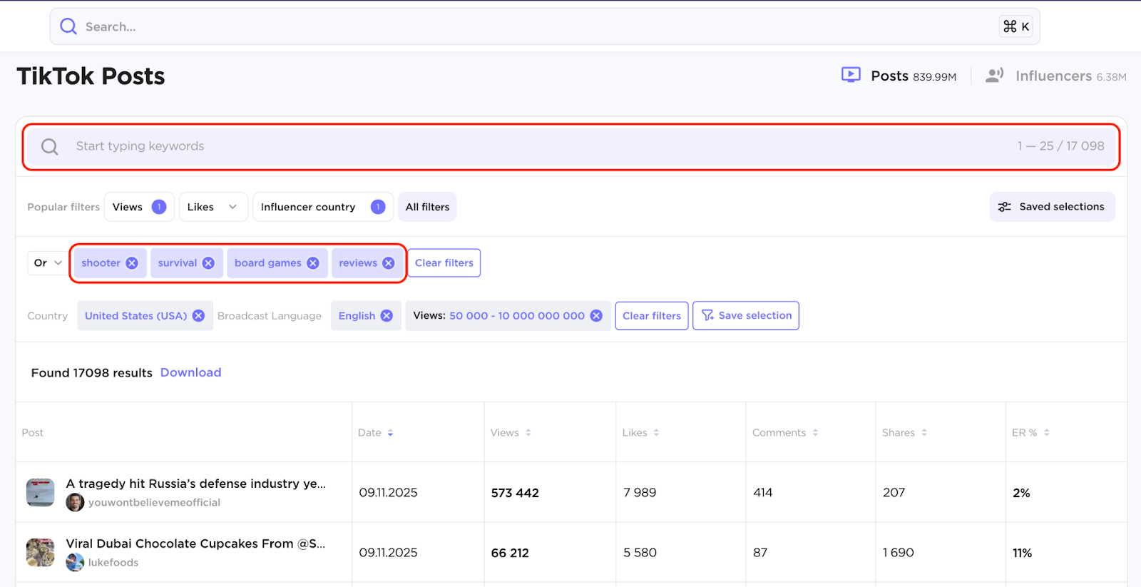An example of what Search by keywords page for TikTok Posts looks like with keywords chosen.