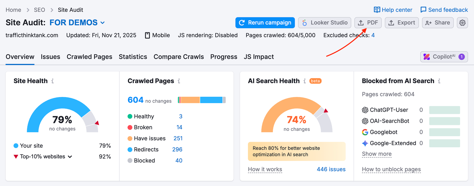 PDF export in Site Audit.